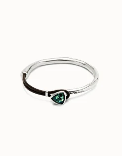 Bangle bracelet with leather and green crystal