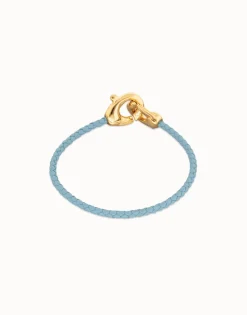 Blue leather bracelet with interlocking carabiner