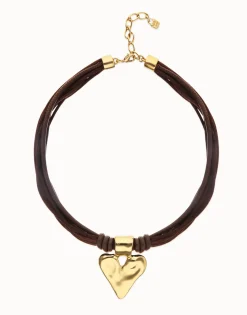 Brown leather and silk thread necklace with heart detail
