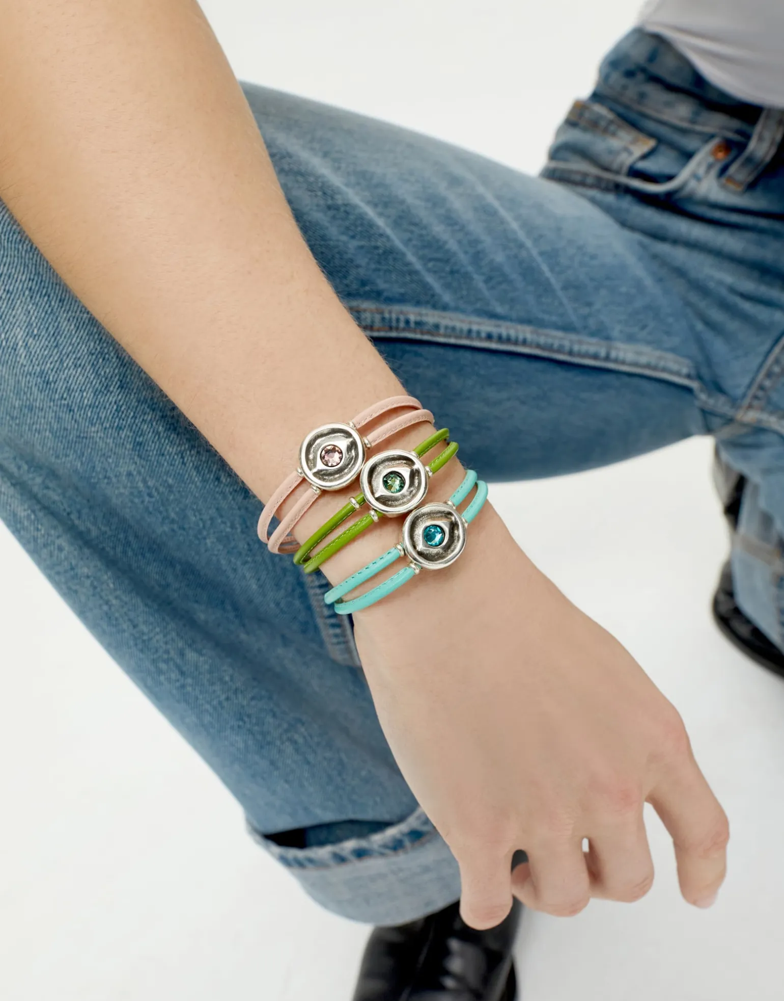 Double pink leather birthstone bracelet with eye