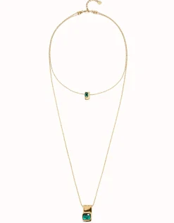 Double strand chain necklace with green crystals