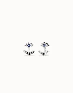 Eye-shaped stud earrings with blue crystal