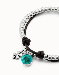 Leather beaded bracelet with green murano glass