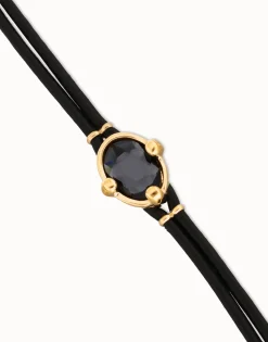 Leather bracelet with faceted black oval crystal