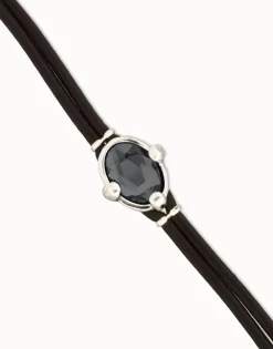 Leather bracelet with faceted black oval crystal