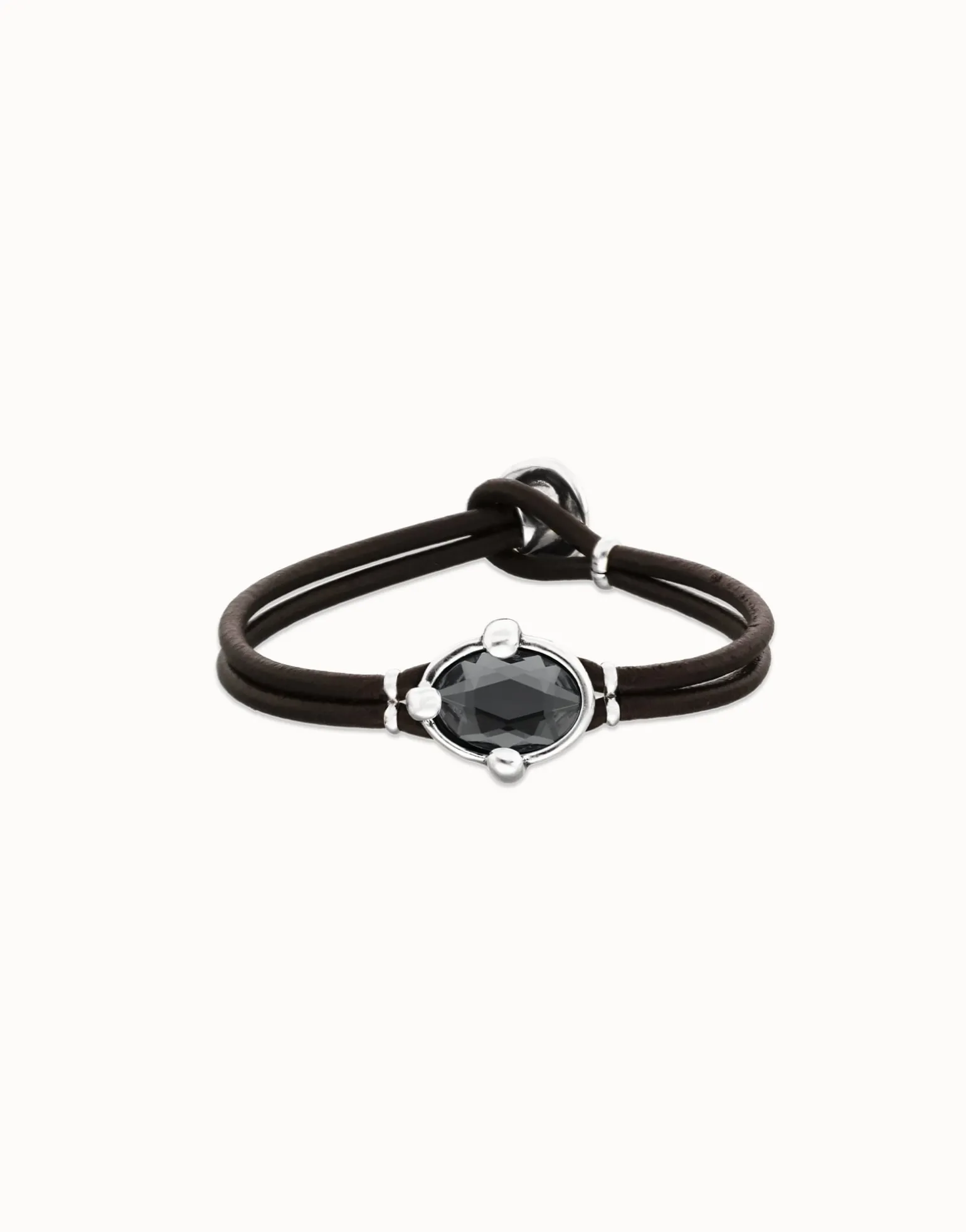Leather bracelet with faceted black oval crystal
