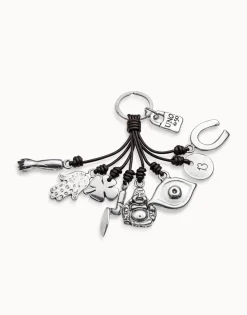 Leather key-ring and sterling silver-plated charms