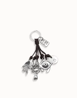 Leather key-ring and sterling silver-plated charms
