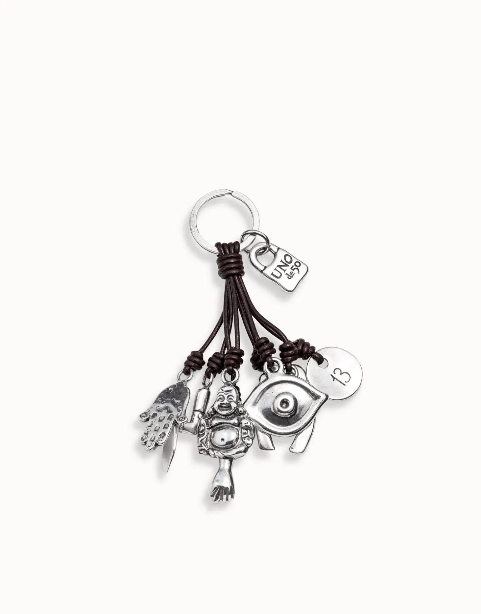 Leather key-ring and sterling silver-plated charms