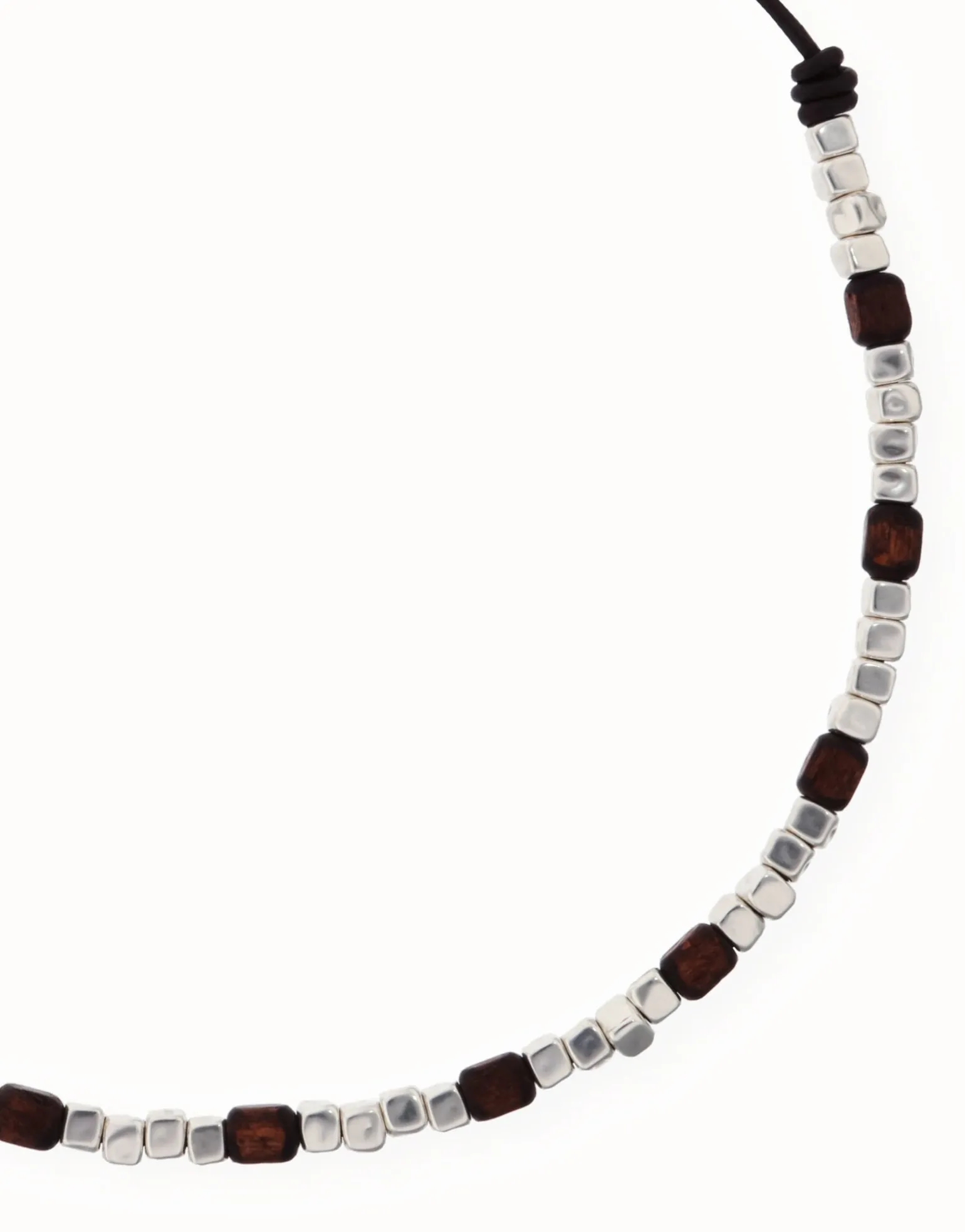 Leather necklace with silver and wooden beads