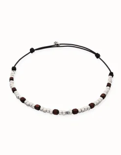 Leather necklace with silver and wooden beads