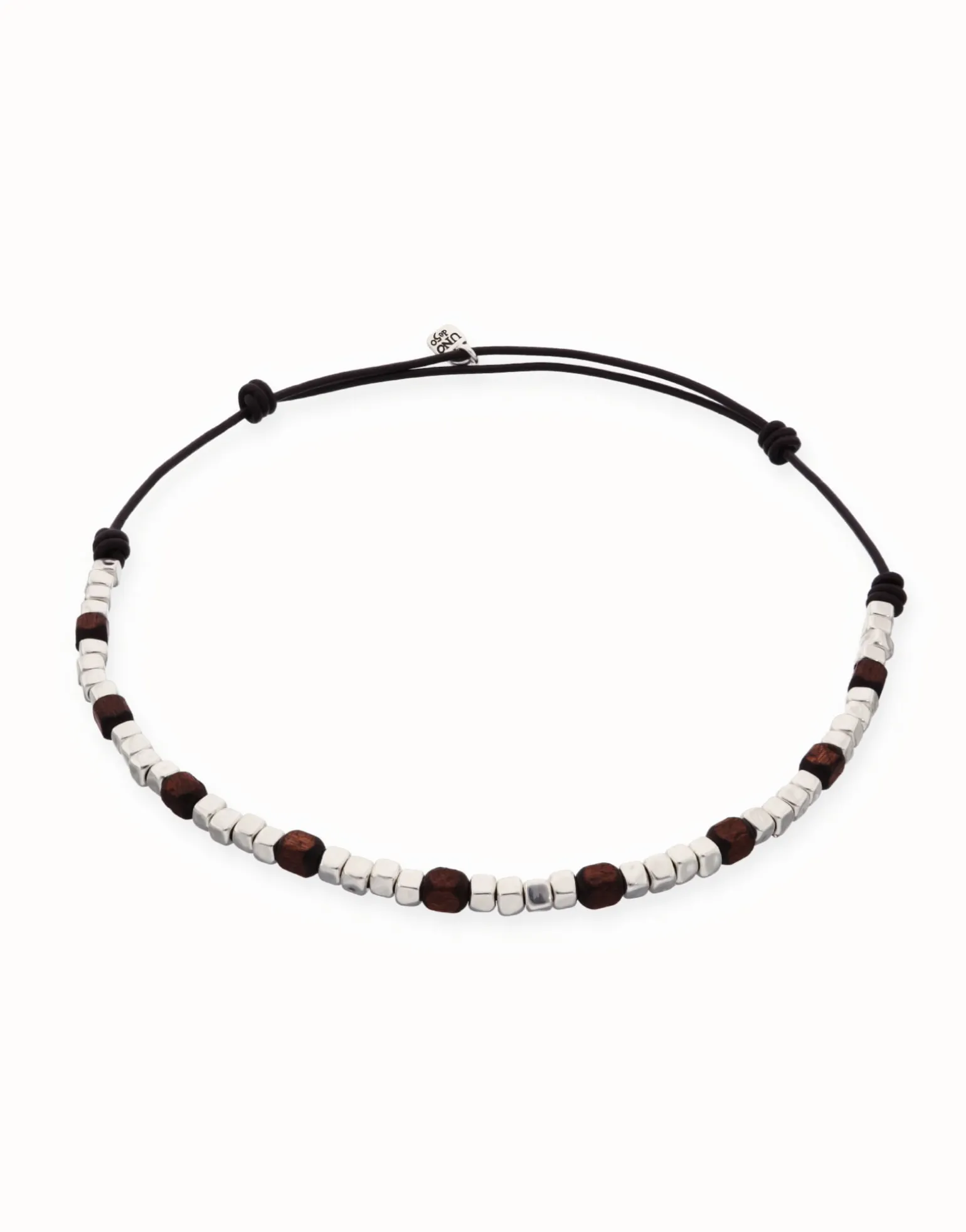 Leather necklace with silver and wooden beads