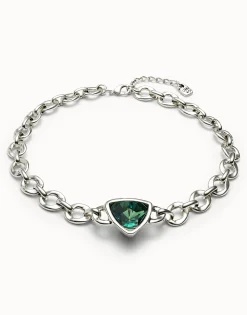 Link chain short necklace with a green crystal