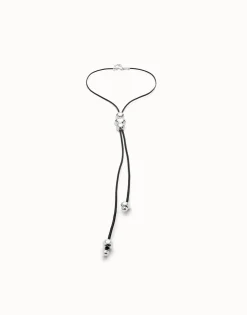 Long leather necklace with three central beads