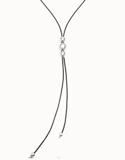 Long leather necklace with three central beads