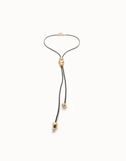 Long leather necklace with three central beads