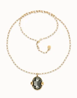 Long necklace with gray oval faceted crystal