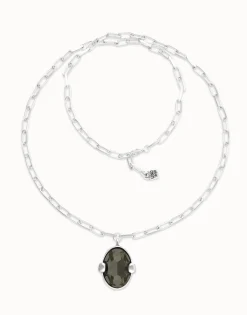 Long necklace with large gray oval faceted crystal