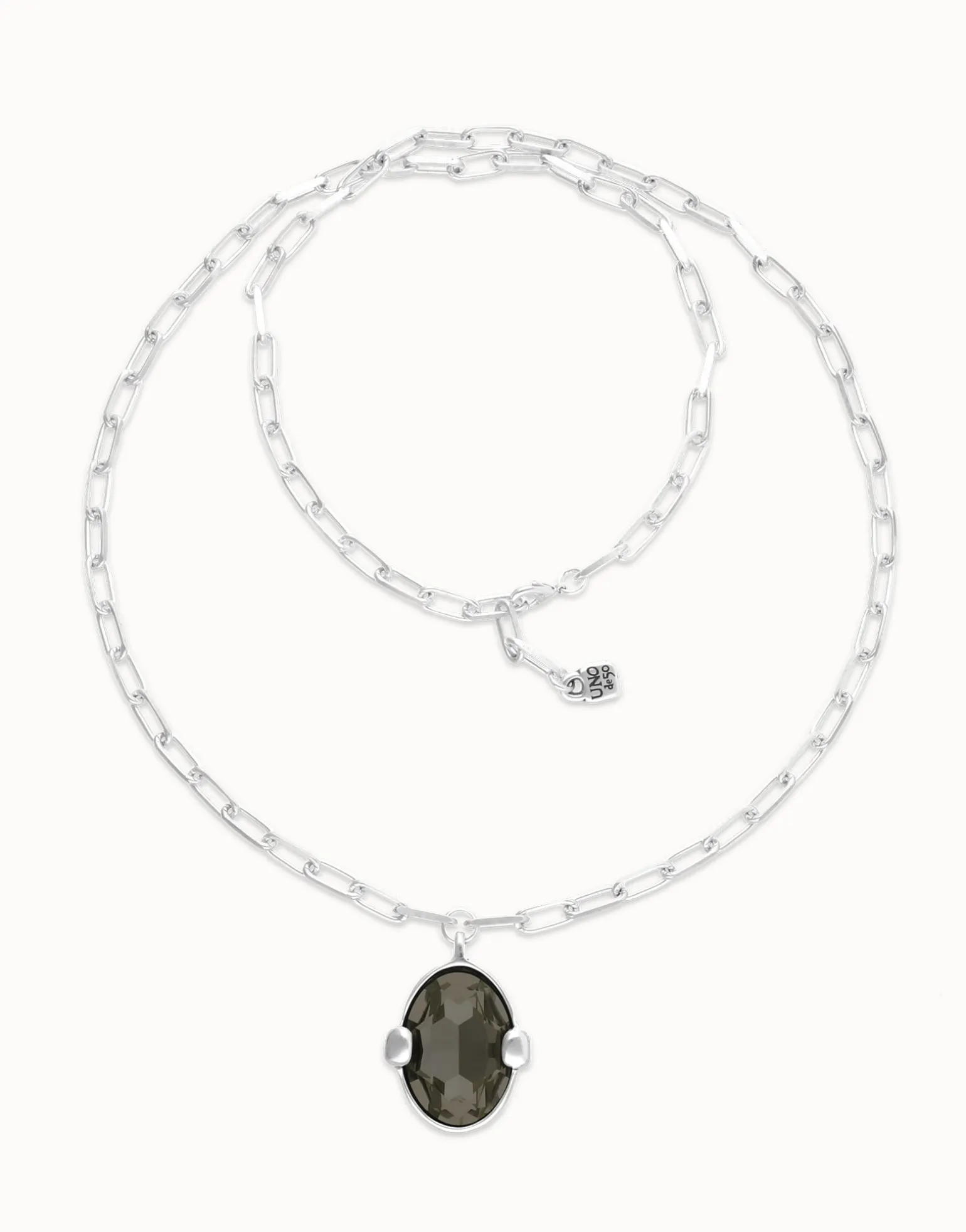 Long necklace with large gray oval faceted crystal