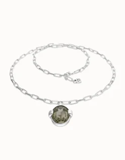 Long necklace with large gray oval faceted crystal