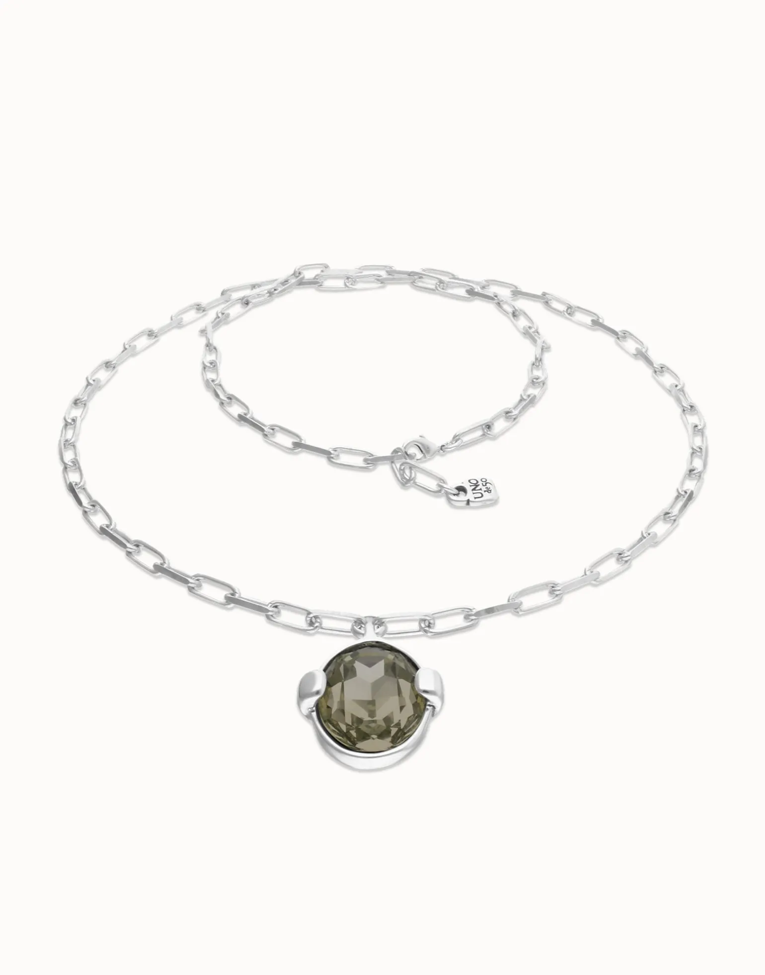 Long necklace with large gray oval faceted crystal