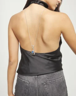 Long necklace with pendant and rectangular blue faceted crystal
