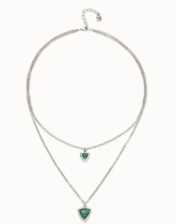 Multi-layer pendant link chain necklace with green crystal