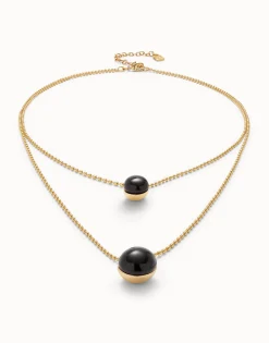 Multi-layer pendant link necklace with black murano glass