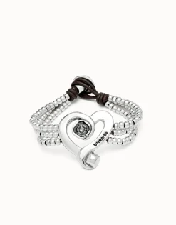 Multi strand leather beaded bracelet with a heart