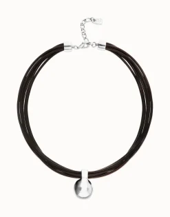 Multistrand short leather necklace with large sphere