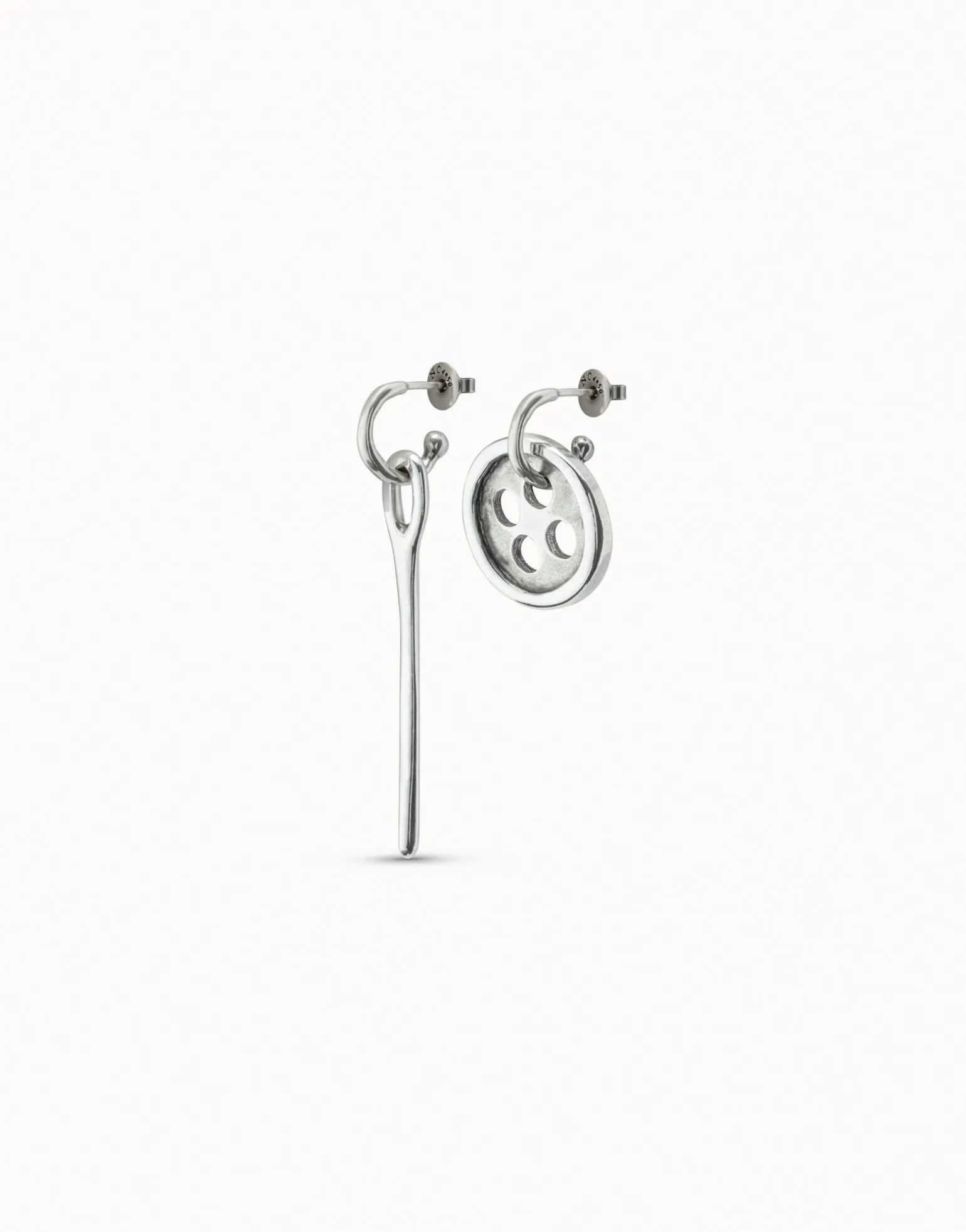 Needle and button earrings