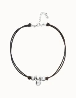 Short leather necklace with three spheres