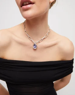 Short link chain pendant necklace purple crystal