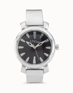 Silver plated watch with black dial