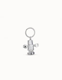 Sterling silver-plated engraved robot and logo key-ring