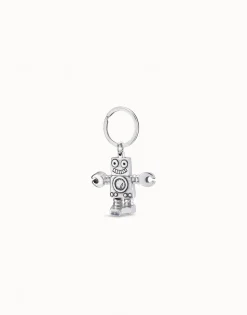 Sterling silver-plated engraved robot and logo key-ring