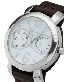 Sterling silver-plated leather and metal watch for men