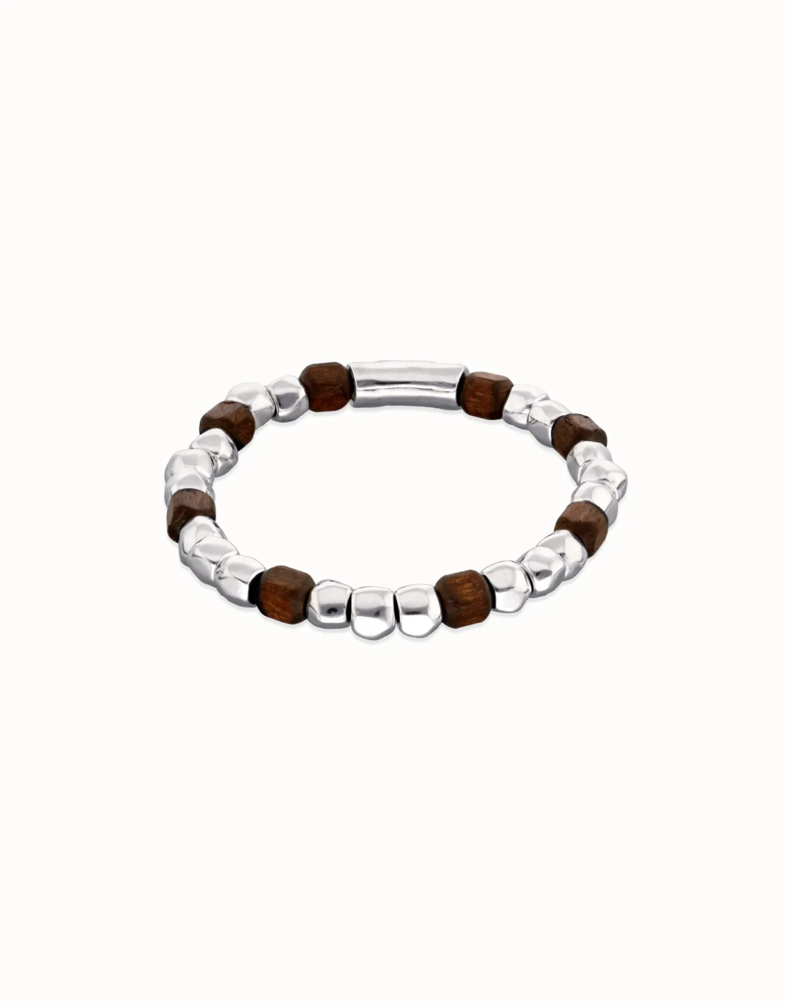 Stretch bracelet with silver and wooden beads